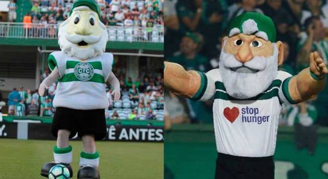 Antes e depois: o Coritiba investiu na academia e colocou o seu mascote para malhar. O clube apresentou o novo Vovô, repaginado e bombado, em junho de 2019