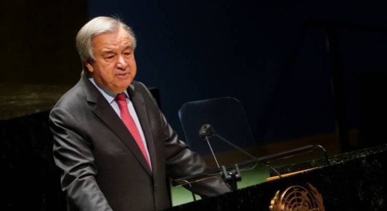 O secretário-geral da ONU, António Guterres, discursa durante reunião da assembleia-geral