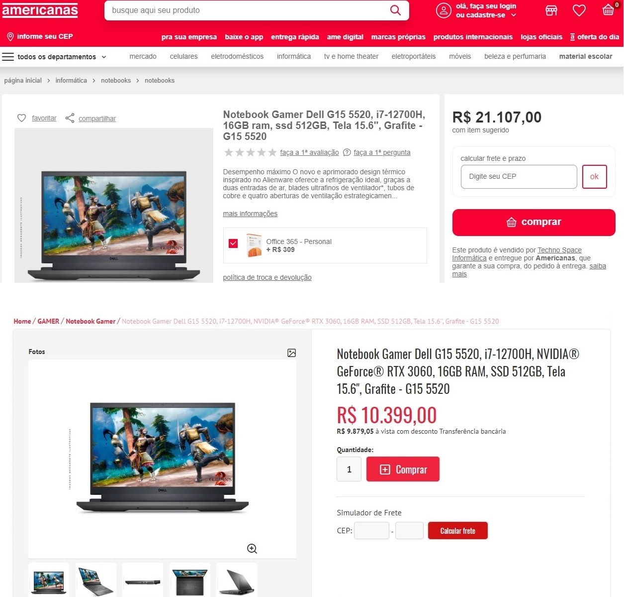 Anúncio de notebook no marketplace da Americanas e no site do parceiro: mais que o dobro