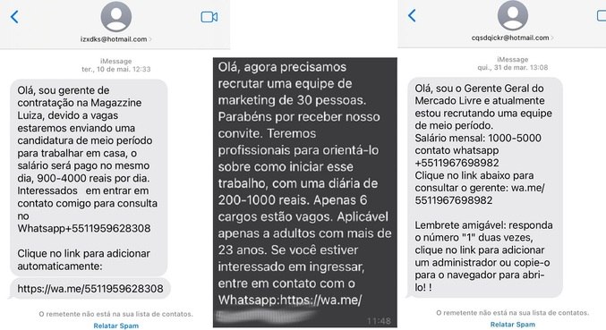 Alguns exemplos de anúncio de emprego falso enviados por SMS e WhatsApp
