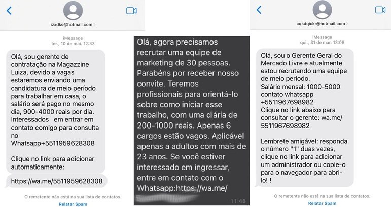 Mensagens que oferecem propostas de emprego com salários de R$ 900 a R$ 4.000 por dia atraem vítimas ao golpe do emprego, também muito aplicado em 2022. Essas mensagens, que chegam via SMS, WhatsApp ou outras redes sociais, levam as vítimas a clicar nos links, direcionando-as a um site no qual preenchem dados pessoais de cadastro para os criminosos, ou ainda pior: o download direto de algum programa que acessa os aplicativos no celular e salva automaticamente as informações — inclusive bancárias