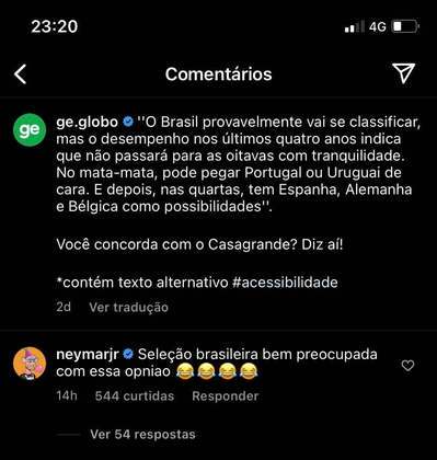 Após um texto de Casagrande sobre a Seleção Brasileira, Neymar retrucou, de forma irônica, a opinião do ex-jogador: 