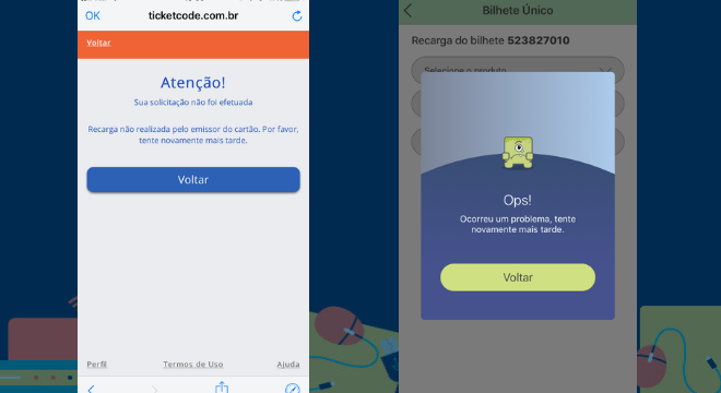 Imagens dos erros exibidos pelo Moovit e Leve-me durante uma tentativa de recarga
