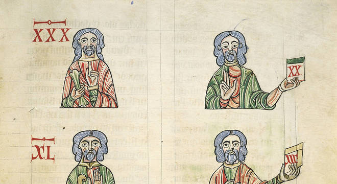  Aprendendo a contar com os dedos, miniatura de "De Numeris" de Rabano Mauro, manuscrito, Itália do século 11