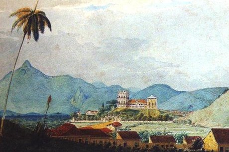 Aquarela de cerca de 1830-34 do Paço Imperial, com o atual museu ao fundo, que foi doado por traficante de escravos a D. João 6º