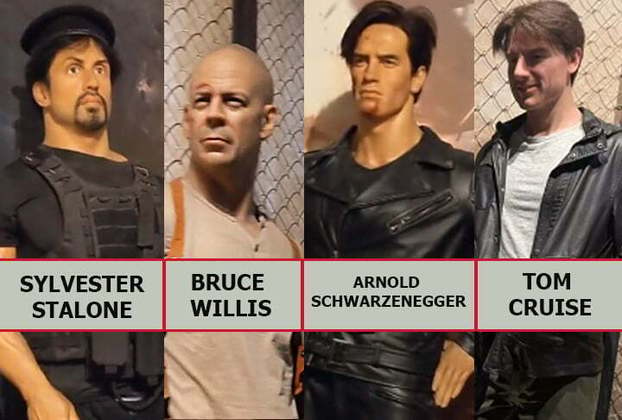 Aqui uma enxurrada de estátuas inspiradas em grandes nomes do cinema de ação. Cá entre nós, o Stallone não parece esses bonecos que quebram fácil? E esse cabelo espigado do Tom Cruise? Fãs...hora de protesto. 