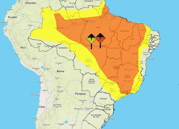 Área laranja do mapa é a que apresenta mais riscos; em amarelo, chance é menor, mas existe