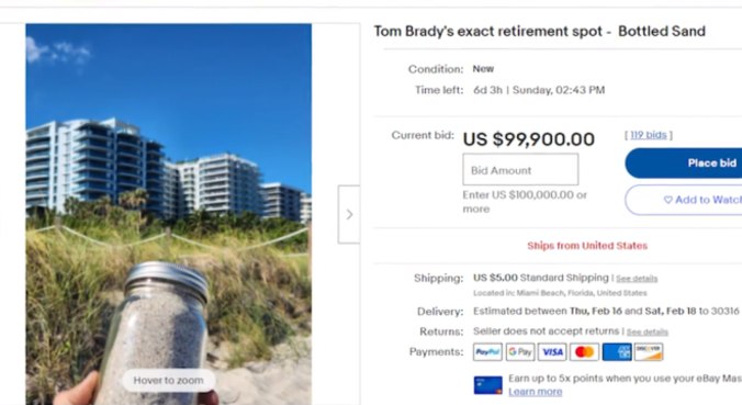 Anuncio da venda do pote com areia da praia onde Brady revelou aposentadoria