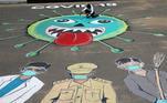 Arte de rua com temática do coronavírus em Jammu, Índia