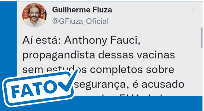 Tuíte trata de acusação feita por senadores dos EUA contra Anthony Fauci