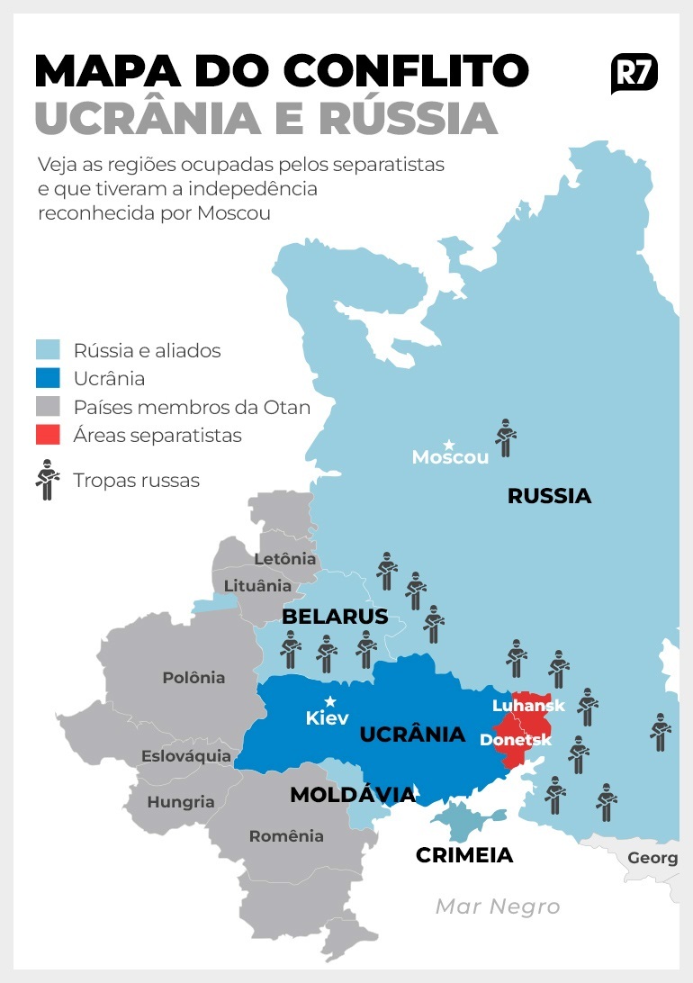 Mapa destaca territórios de Belarus, Rússia, Ucrânia, Moldávia e regiões separatistas