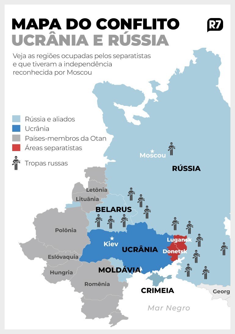 Mapa mostra situação do conflito Ucrânia e Rússia
