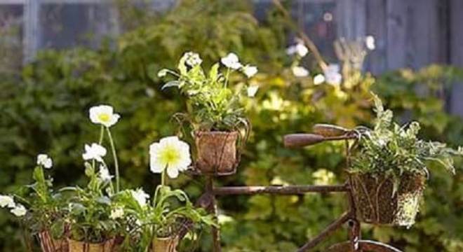 As bicicletas podem formam lindos enfeites para jardim e servir de apoio para os vasos