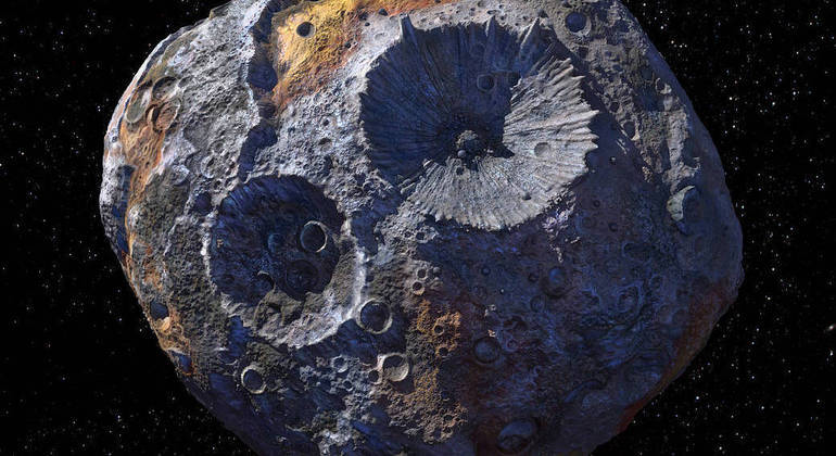 Arte divulgada pela Nasa de como seria o asteroide Psyche 16