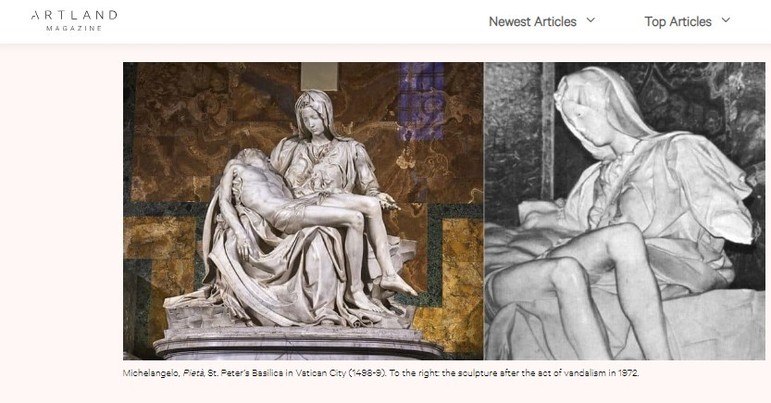 Uma das esculturas mais famosas de Michelangelo, a Pietà também sofreu um atentado na Basílica de São Pedro, no Vaticano. Em 1972, ela foi golpeada por um homem enquanto ele gritava 
