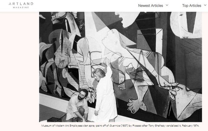 O painel Guernica, de Pablo Picasso, também está entre as obras que foram alvo de atos de vandalismo. Em 1974, um homem teria pintado com uma tinta em spray vermelha a frase 