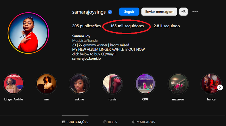 Atualmente, Samara tem cerca de 165 mil seguidores no Instagram, número considerado baixo se comparado com artistas da música pop.