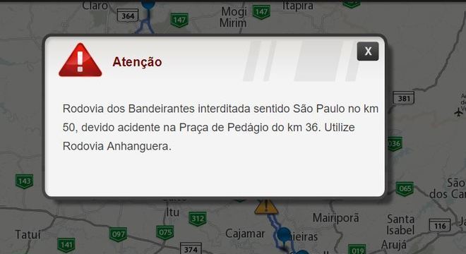 Aviso no site da concessionária que administra a rodovia