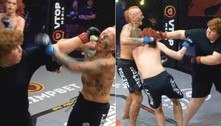 Avô e neto desafiam lutadora em evento de MMA, mas levam a pior