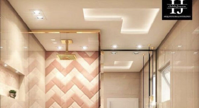 Azulejo para banheiro com estampa criativa em zigue-zague nos tons rosa e branco