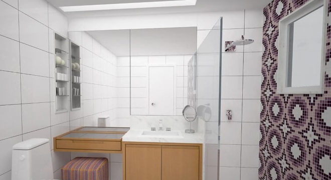Azulejo para banheiro de ladrilho roxo Projeto de Camila Muniz