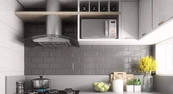 azulejo para cozinha planejada pequena cinza e branca 