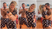 Bárbara Borges e Iran Malfitano dançam 'Lovezinho' com pijamas estampados com fotos dos dois