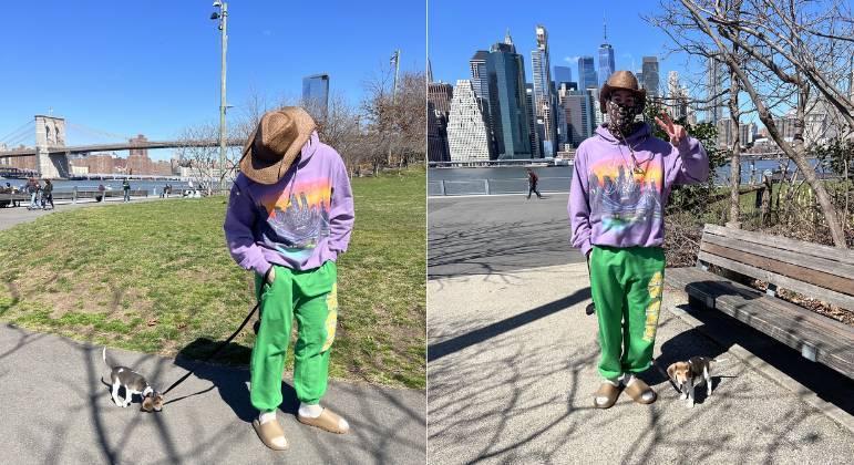 O 'coelhão' também gosta de usar peças com cores diferentes. De calça verde, casaco roxo e chapéu, o artista levou o cachorro para passear em Nova York