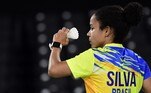 Brazil's Fabiana Silva serves to Ukraine's Maria Ulitina in their women's singles badminton group stage match during the Tokyo 2020 Olympic Games at the Musashino Forest Sports Plaza in Tokyo on July 26, 2021
