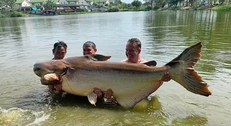 Britânico (no centro) pescou um bagre gigantesco na Tailãndia