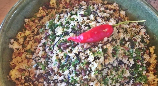 Baião de dois vegetariano com coração de bananeira