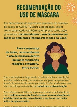 Comunicado da Band para funcionários atualiza protocolo contra a Covid-19