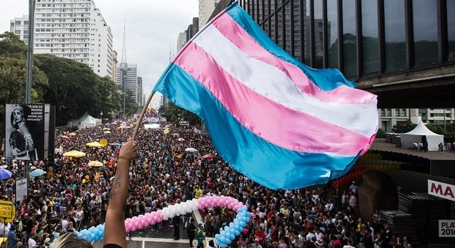 Bandeira do orgulho trans, durante manifestação em 2016