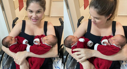 Bárbara Evans sai da maternidade com gêmeos
