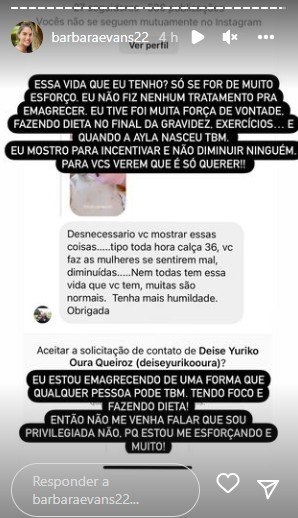 Bárbara Evans compartilhou o comentário da internauta
