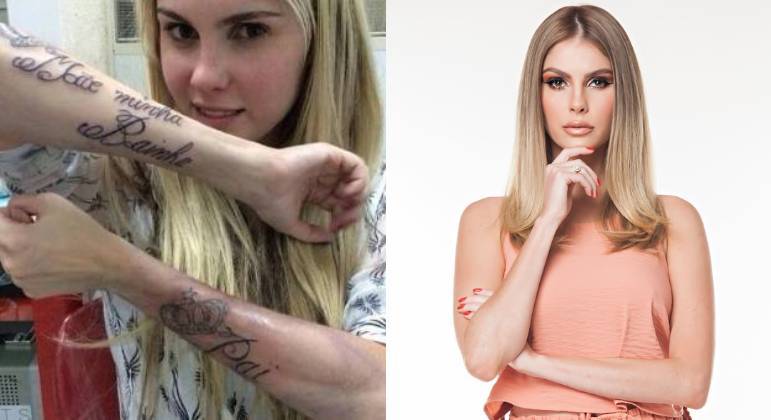 Bárbara EvansEm 2016, a modelo resolveu homenagear os pais com tatuagens nos braços. Porém, a fonte escolhida pela artista gerou confusão e virou até meme nas redes sociais. Isso porque, ao invés de 
