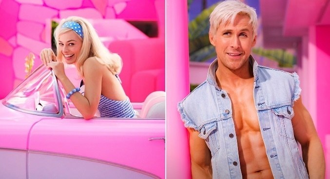 Margot Robbie e Ryan Gosling caracterizados com Barbie e Ken
