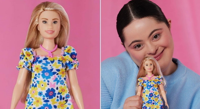A modelo Ellie Goldstein na campanha de divulgação da nova Barbie