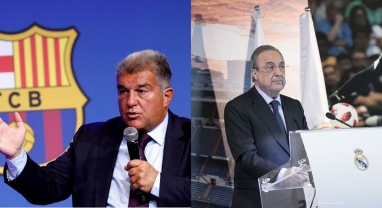 Joan Laporta, do Barcelona, e Florentino Pérez, do Real Madrid; clubes vivem crise de relacionamento
