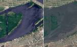As marcas 'cinzentas' nas imagens demonstram o tamanho do desastre. As análises de satélite já tinham detectado os danos na  barragem, incluindo a destruição de uma ponte rodoviária próxima 