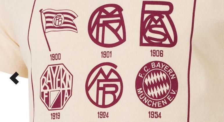 Camisa vendida no site oficial do Bayern mostra a evolução dos escudos ao longo da história