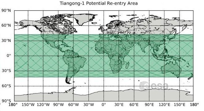 Potencial área de reentrada da estação Tiangong-1