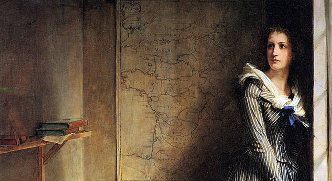 'Charlotte Corday', pintada em 1860 por Paul Baudry, quase um século depois do assassinato, quando Marat deixou de ser considerado um mártir e um herói; Baudry o pintou como um monstro zangado, e Corday passou a ser - entre os intelectuais - a verdadeira heroína da França