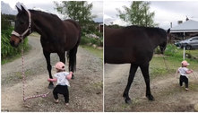 Bebê leva 'cavalo de estimação' para passear, e imagem fofa viraliza 