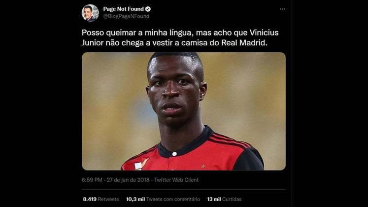 Bem que o jornalista Fernando Moreira, do blog 'Page Not Found' avisou que poderia queimar a língua. Vinícius Júnior não só vestiu a camisa do Real Madrid como fez o gol do título na última final de Liga dos Campeões. 
