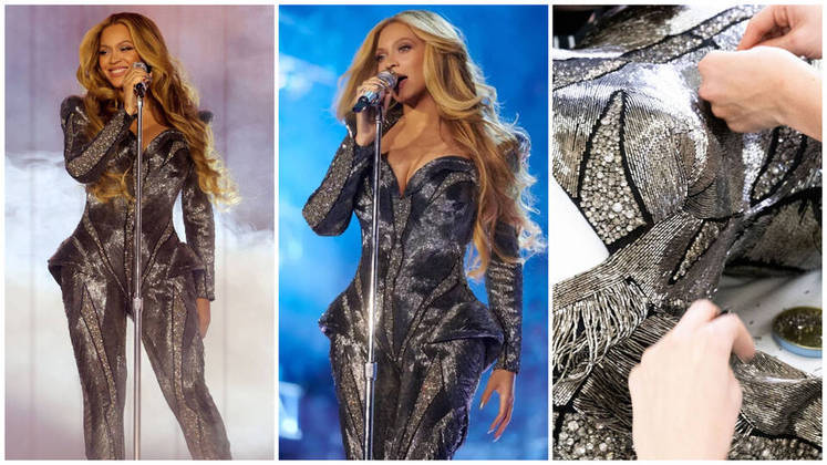 Para a abertura no primeiro show - em Estocolmo, na Suécia, no dia 10 de maio -, Beyoncé escolheu um macacão exclusivo de Alexander McQueen bordado todo à mão com canutilhos prata e um mix de cristais