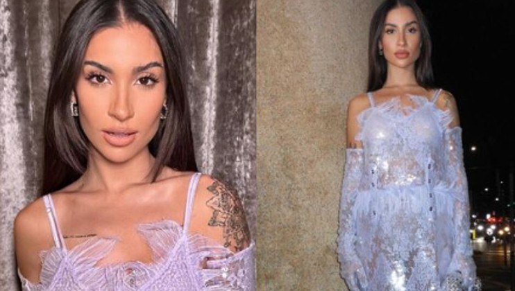 Bianca Andrade escolheu um vestido todo de renda e paetê, avaliado em R$ 28.000, para ir à temporada outono/inverno da Semana de Moda de Milão, no começo deste ano. A peça lilás tem franjas nas extremidades. A influenciadora ainda optou por luvas da mesma cor e tecido para completar o visual e criou contraste ao finalizar a produção com bolsa e botas metalizadas de cano alto