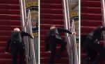 Ao subir as escadas do avião presidencial, o chefe de estado tropeçou três vezes em sequência, mesmo apoiado no corrimão. A internet não perdoo e a cena virou meme nas redes sociais