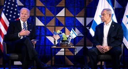 Presidente dos EUA, Joe Biden, e o primeiro-ministro de Israel, Benjamin Netanyahu, durante pronunciamento