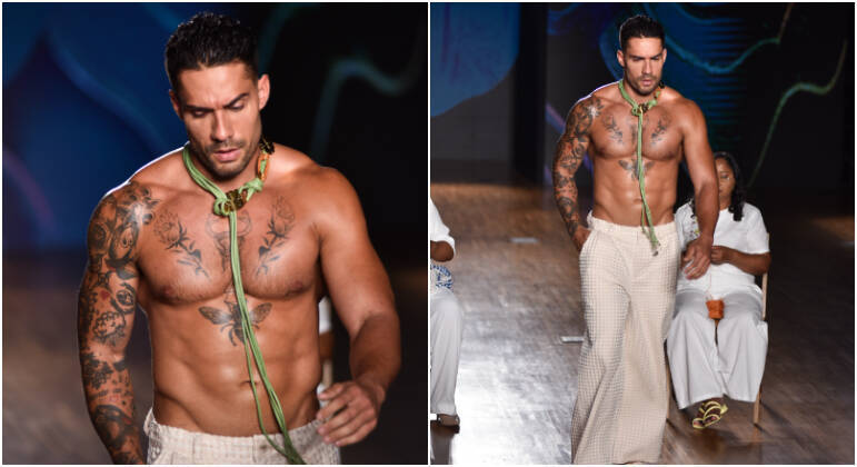 Bil Araújo colocou o tanquinho à mostra e surgiu sem camisa na passarela. O ex-peão de A Fazenda 13 também foi um dos modelos selecionados para compor o casting deste primeiro dia de desfiles